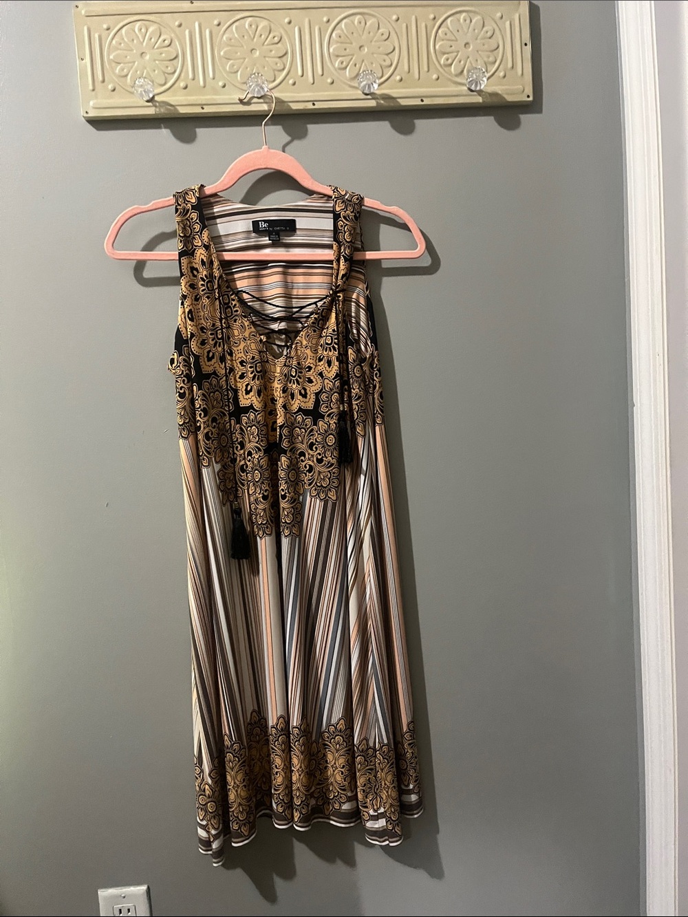 Versona Brown, Cream & Black Striped Lace-Trim Mini Dress